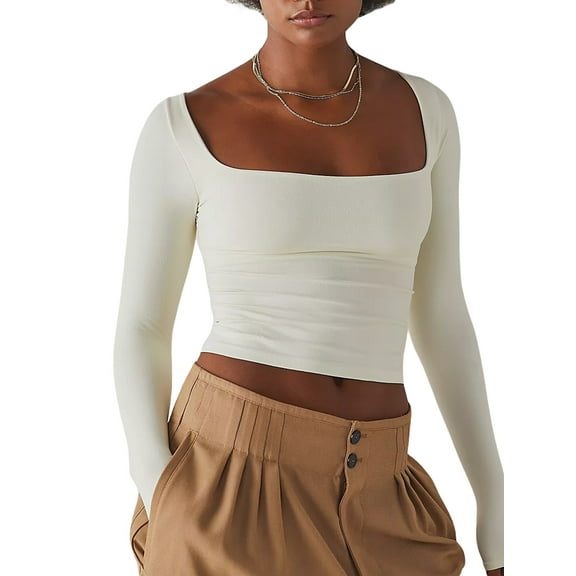 Michellecmm Women T-shirt, Long Sleeve Square Neck Solid Slim Fit Ladies Tops