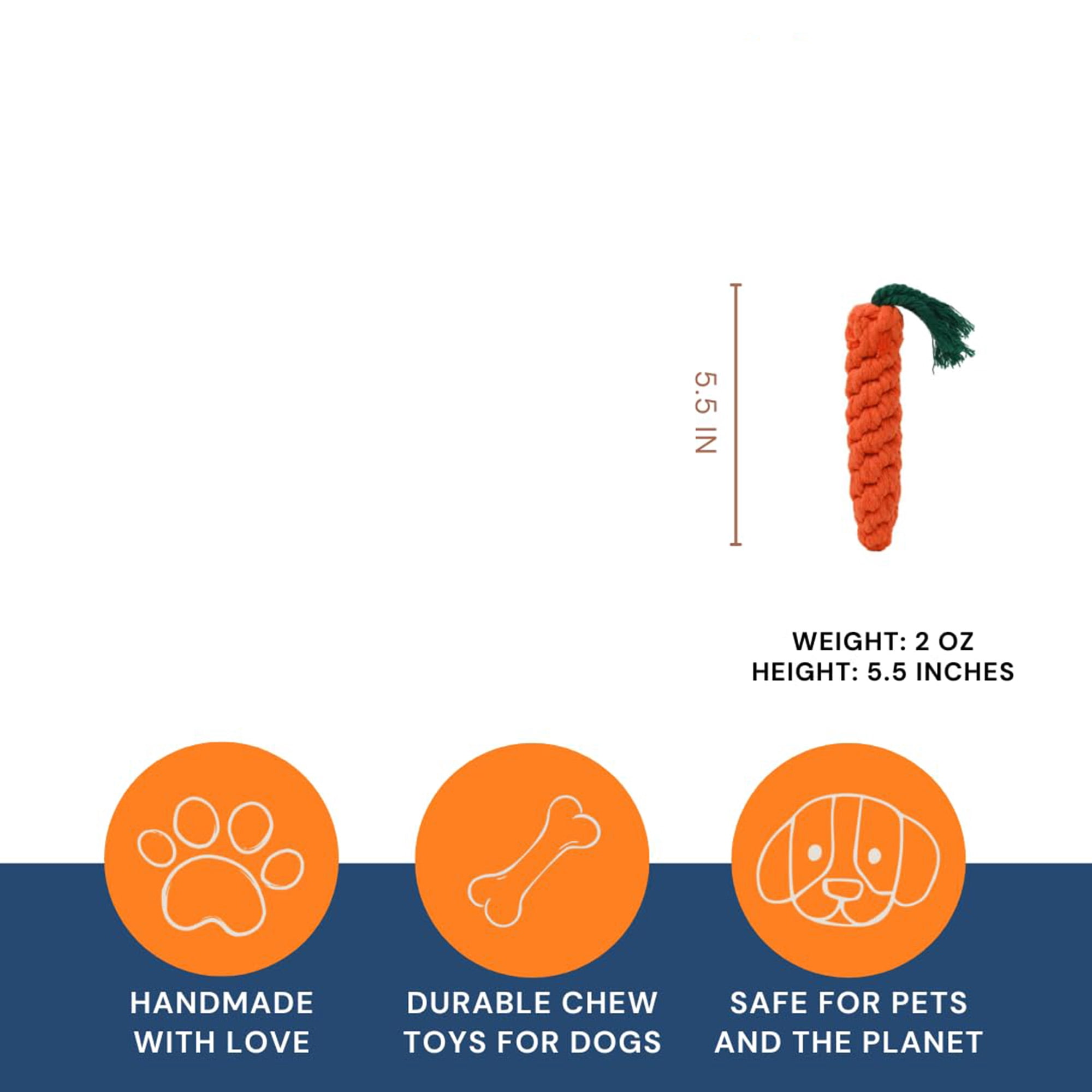 Carrot dog toy, handmade eco friendly cotton rope chew toy for puppies and cats, durable natural non dyes, perfect for teething and aggressive chewers, calming emotional support pet toy, orange