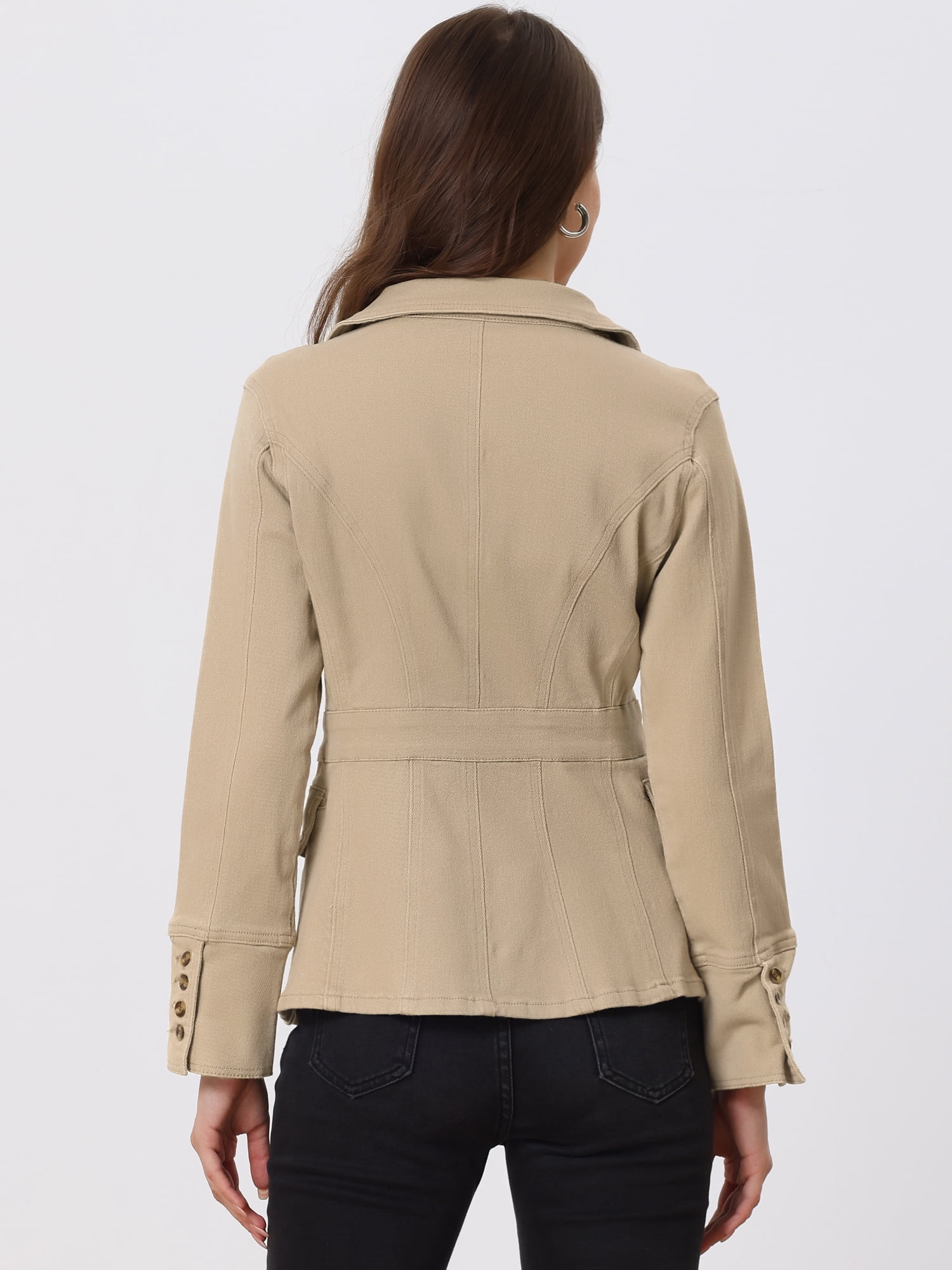 DARING DIVA Women's Lapel Jeans Blazer Denim Jacket W Pockets S Khaki