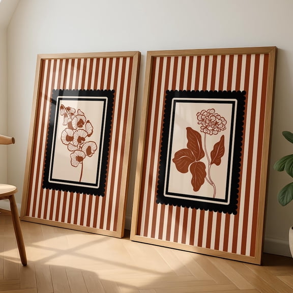 Modern Boho Art Prints: Striped Cottagecore Wall Art Set 2 Unframed Paper Print 8x12
