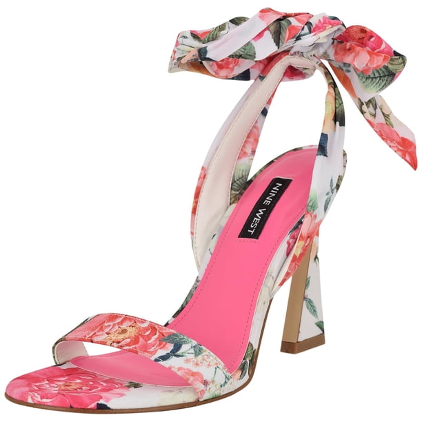 Sandalia de tacón Nine West Kelsie para mujer, color blanco, estampado de verano