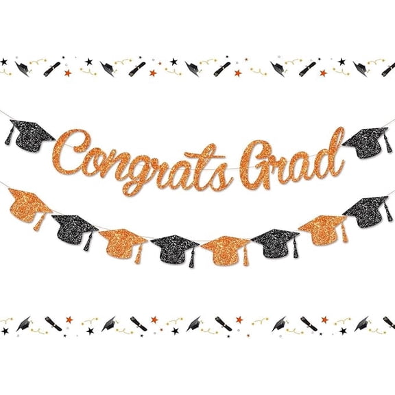 Graduation Party Decorations, Congrats Grad 2026 Glitter Banner Orange Black, Class of 2026 Cap Bunting Garland Sign for Kindergarten Primary Seniors High School College University