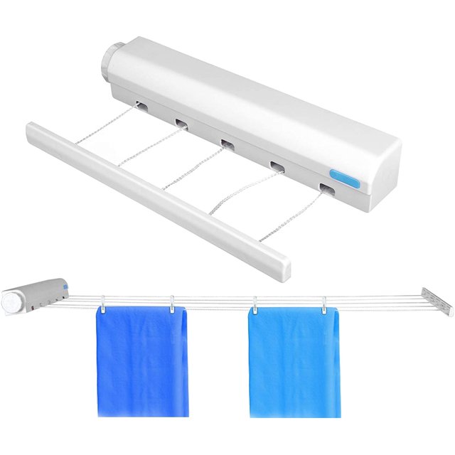 (5 líneas) Tendedero retráctil de 12.3 pies, portátil, para el hogar, para interiores y exteriores, cuerda de secado de ropa de plástico, montaje en pared, cuerda colgante compacta, colgador de r