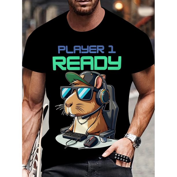 Men's Funny Gaming Capybara 3D Print T-Shirt, Casual Crew Neck Short Sleeve Tee, Summer Soft Comfortable Knit Fabric Top, 100% Cotton, Regular Fit