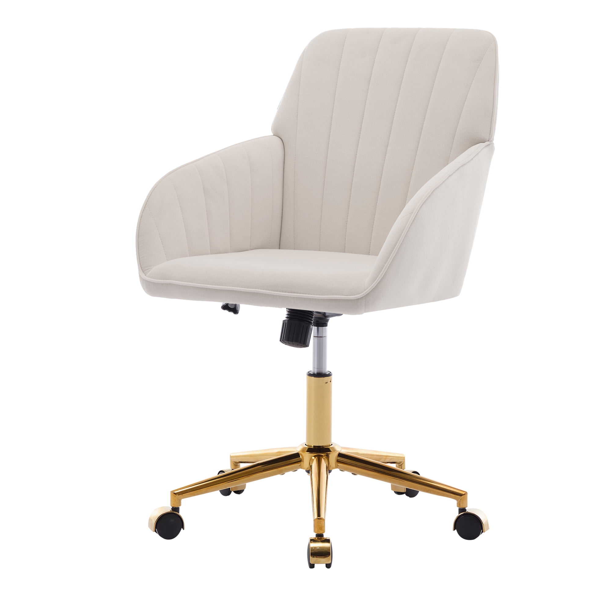 Peispie Velvet Office Chair 300lbs, Mid Back Vanity Chair, Modern Swivel Desk Chair with Gold Base, Upholstered Computer Task Chair for Bedroom, Beige
