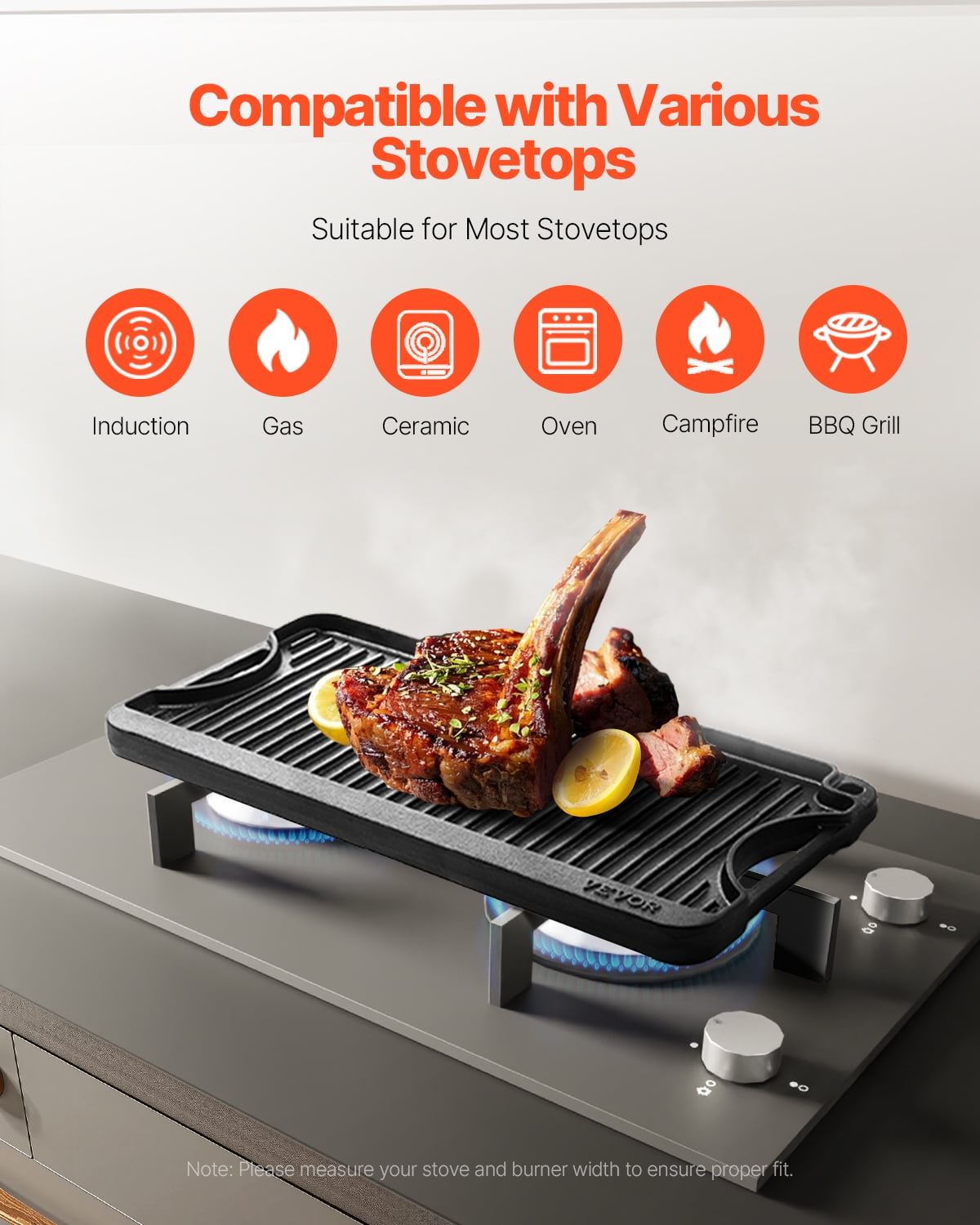 VEVOR Reversible Grill/Griddle, 20x10 inch Pre-Seasoned Cast Iron Griddle, Portable Rectangular Pan with Handle, Family Cookware for Indoor/Outdoor Stove Top Burner, Gas, Camping BBQ, Black
