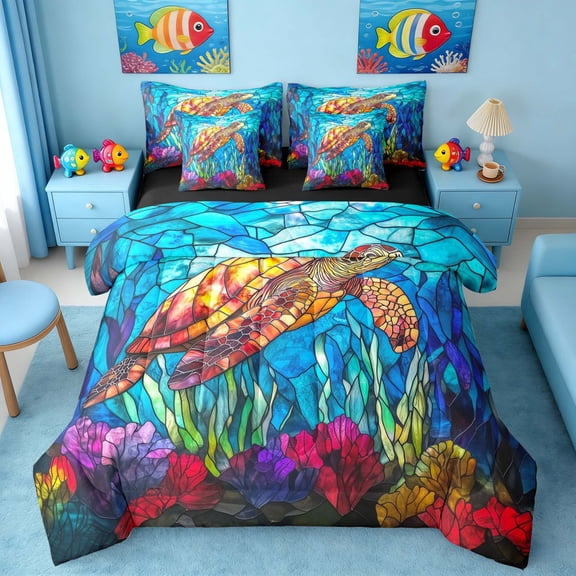 Manfei Stained Glass Sea Turtle Twin Bedding Sets for Kids Boys and Girls, Underwater Coral Bedding Comforter Set, Black Reversible 7pcs