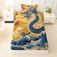 thumbnail image 3 of Feelyou Retro Chinese Dragon Twin Sheet Sets for Kids Boys Teens, Ukiyo Wave Blossom Bedding, Gold Blue Red, 3-Piece, 3 of 5