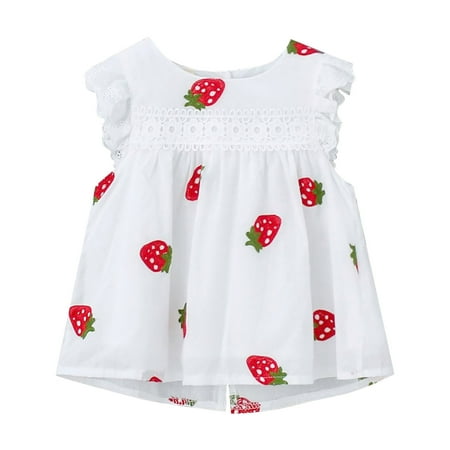 

Baby Girls Dress Floral Strawberry Embroidery Sleeveless Lace Dresses Fashion Fly Sleeve Swing Tops Dress