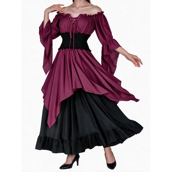 Busydd Women Dresses Vintage Color Block Gothic Dresses for Women Flowy Tunic Maxi Dress Pleated Medieval Dress for Women