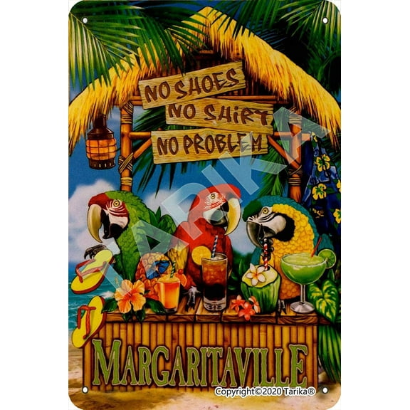 No Shoes No Shirt No Problem Margaritaville Parrot Pineapple Cocktail Drink Vintage Look Tin 8X12 Inch Decoration Poster Sign for Home Kitchen Bathroom Garden Garage Inspirational Quotes Wall Decor