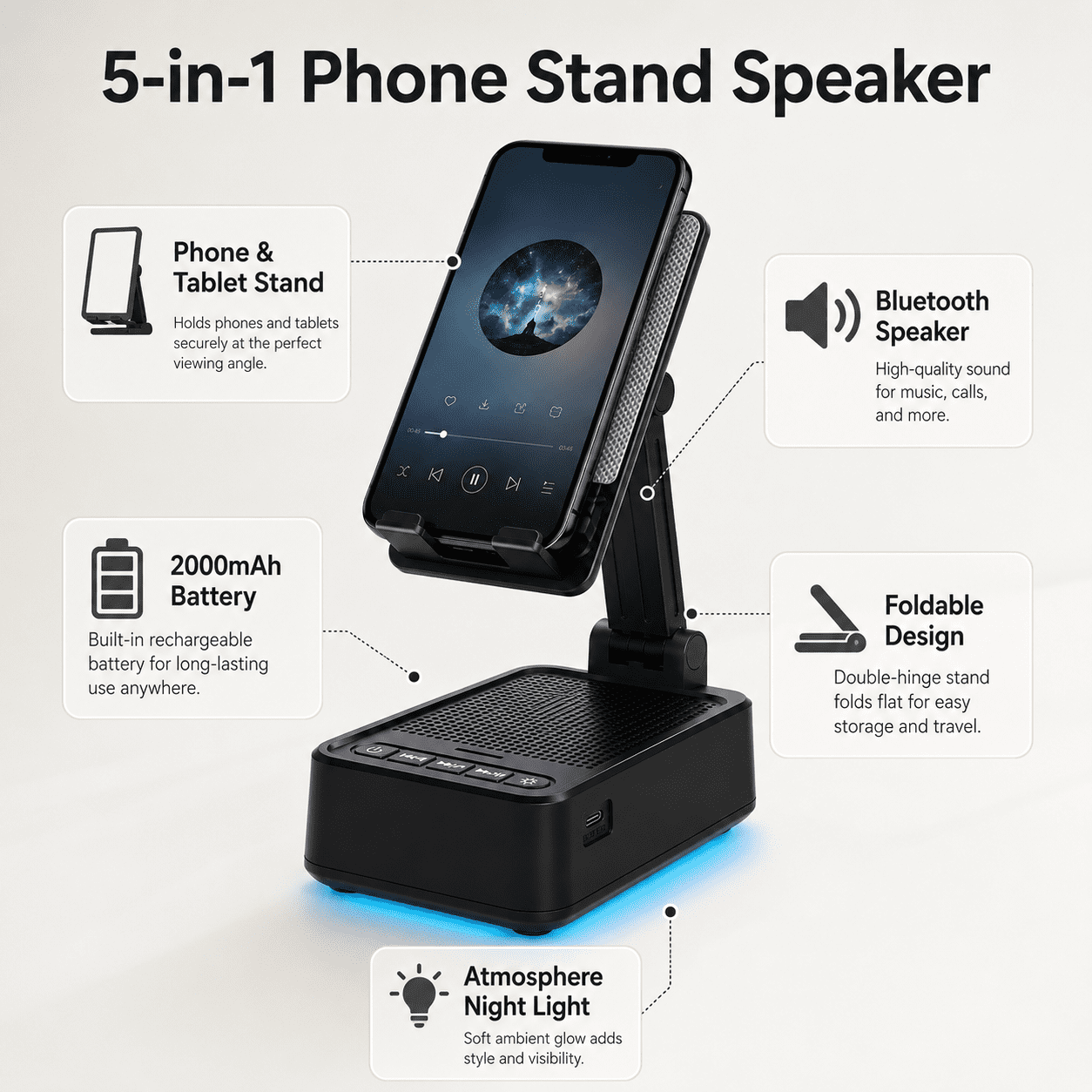 JDMEOPD Foldable Cell Phone and Tablet Stand with Bluetooth Speaker, Night Light, 5W Surround Sound, Black