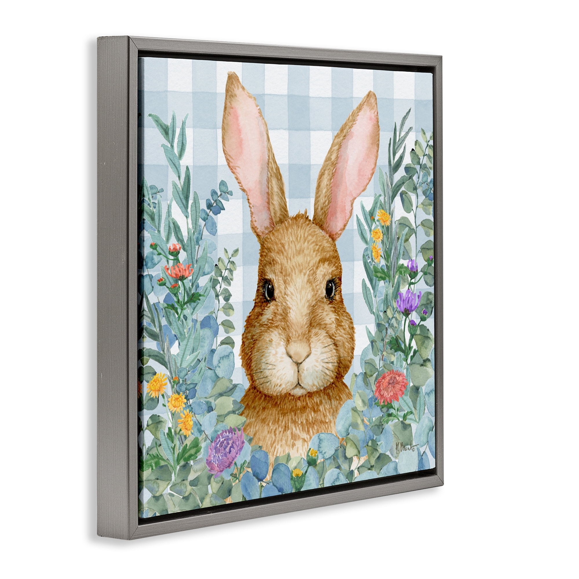 Stupell Industries Rabbit Laurel on Gingham Gray Framed Floater Canvas Wall Art, design by Paul Brent