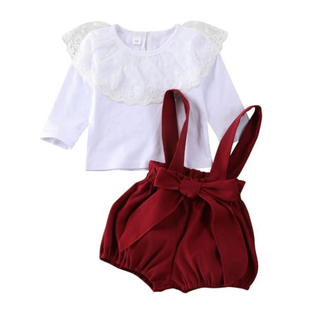 

jaweiw 2Pcs Baby Summer Outfits Clothes Set Lace Lapel Long-Sleeves White Pullover Tops T shirt + Red Elastic Suspender Trousers Suit for Toddlers Girls