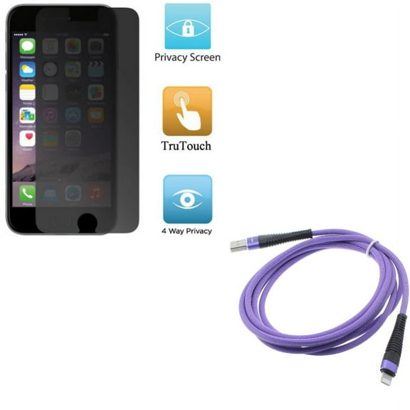 iPhone 8/7/6S/6 - Privacy Screen Protector w Purple 6ft USB Cable - Film TPU Anti-Peep Anti-Spy, Charger Cord Power Wire Braided Long for iPhone 8/7/6S/6