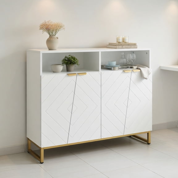 GVN Modern Sideboard Buffet Cabinet with 4 Doors and Adjustable Shelves, Kitchen Buffet Cabinet for Dining Room, Kicthen, Living Room, Restaurant, White