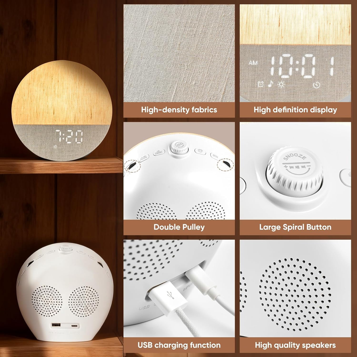 Clock Fabric Dimmable Night Light for Heavy Sleepers, Sunrise Wake Up Light, White Noise Machine for Baby, Dual Alarm Function 30 Sleep Sounds, with 17 Light Effects