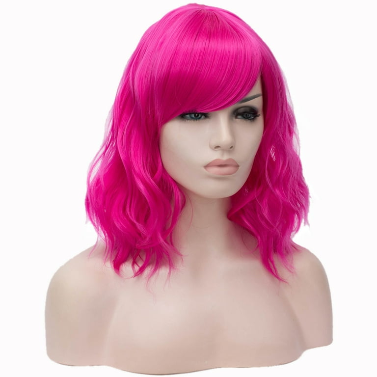 RightOn Hot Pink Wig Short Curly Bob Wig Hot Pink Wig with Bangs