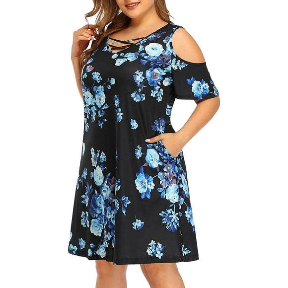 Plus Size Sundresses Women Cold Shoulder Floral Casual Beach T Shirt Sun Summer Criss-Cross Neck Tunic Dress Pockets