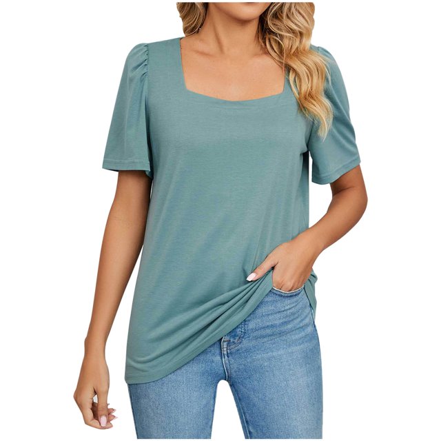 Blouses à Manches Courtes pour Femmes Mode Couleur Unie Décontractée Col Carré T-Shirt Ample Blouse Hauts Manches Courtes pour Femmes