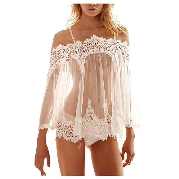 FRSASU Plus size Women Lingerie Sleepwear Underwear Lace Dress Nightwear G-string Sets White XL