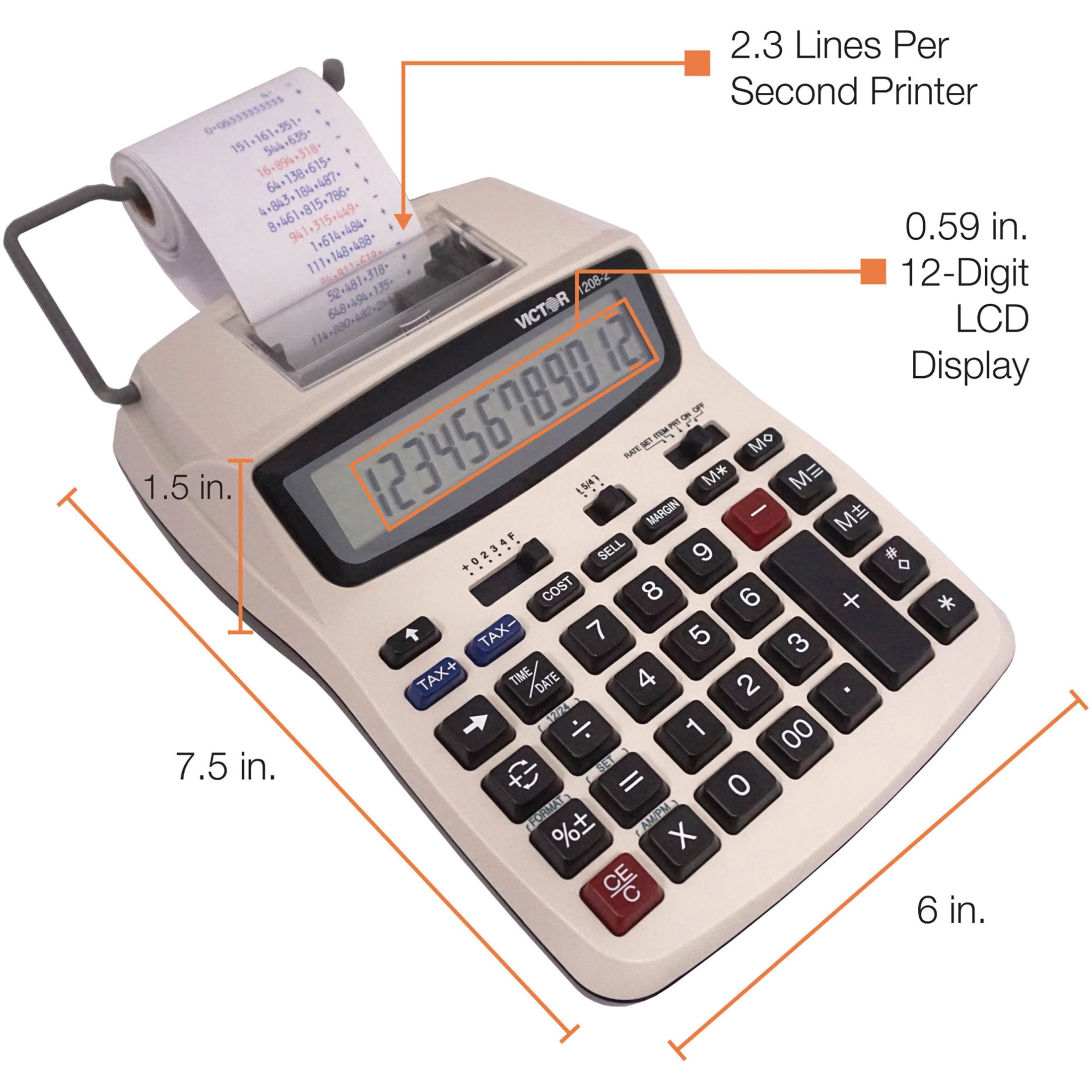 Victor 1208-2 Two-Color Compact Printing Calculator, 12-Digit LCD, Black/Red