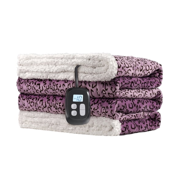 SUNNY HEAT Heated Electric Blanket Full Size 72'' x 84'' 10 Heating Levels & 1-12 Hours Auto Off , Leopard Black & Purple