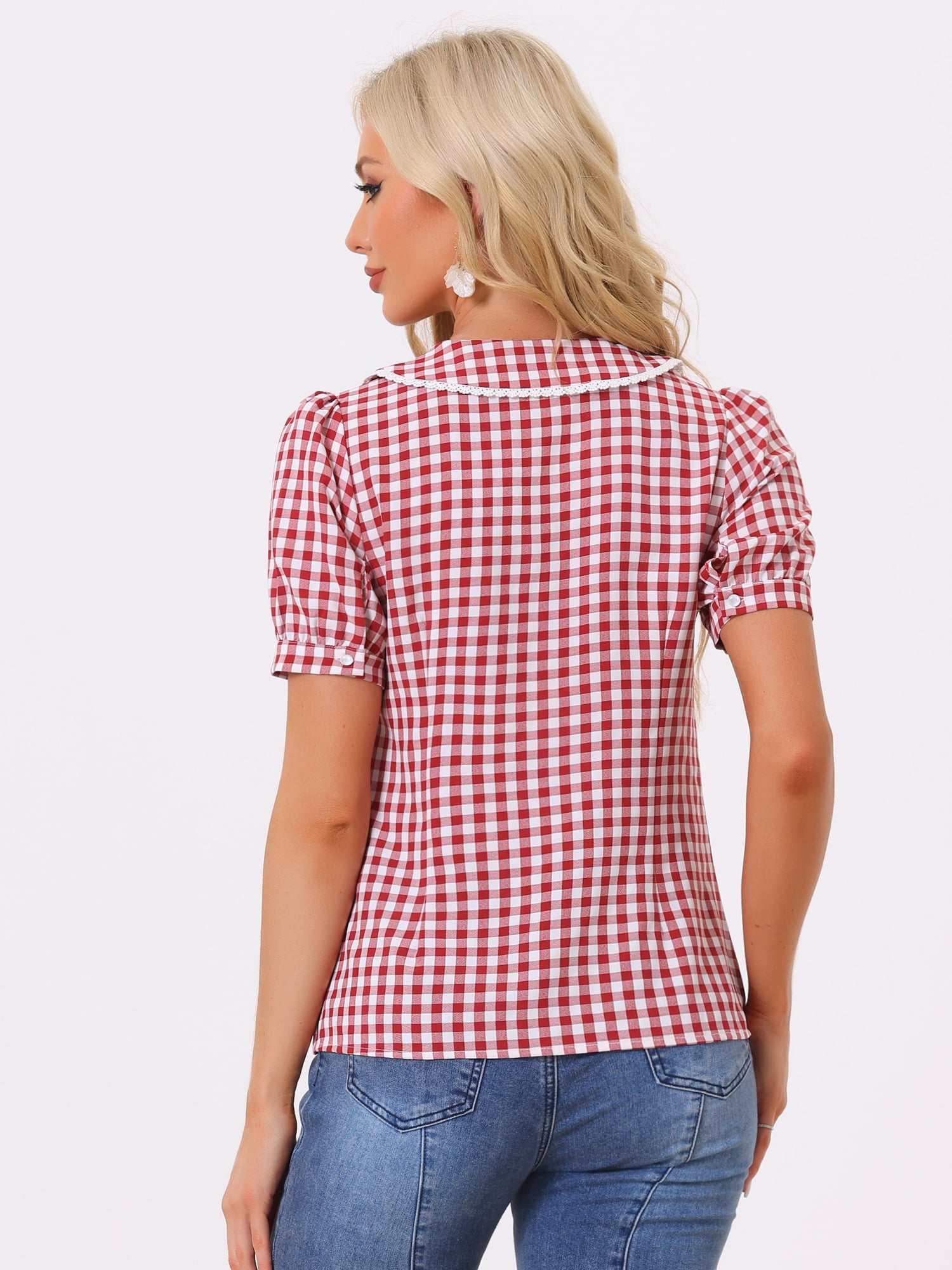 DARING DIVA Women's Short Sleeve Button Down Peter Pan Collar Plaid Shirt XS Red