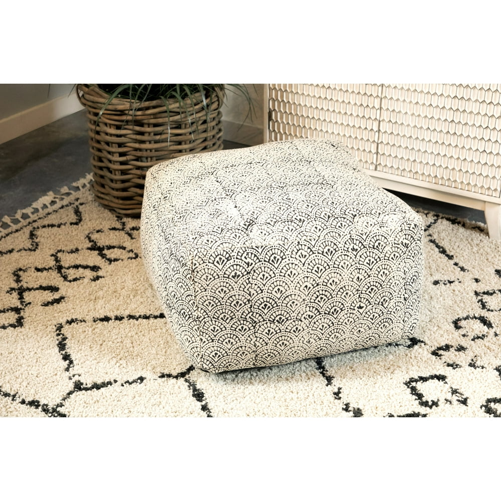 Square Upholstered Floor Pouf Cream and Black