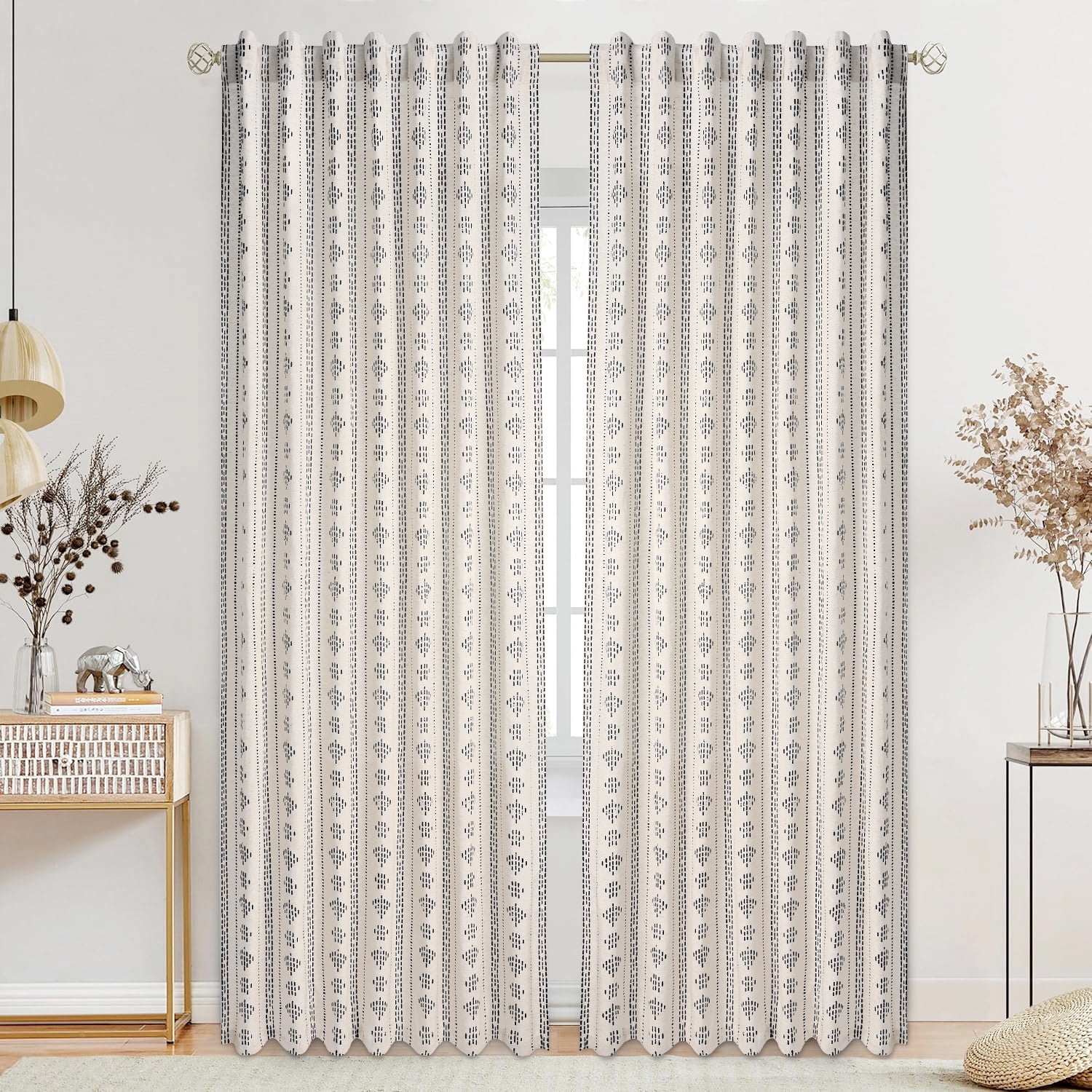Alishomtll Boho Farmhouse Curtains Linen Light Filtering Black Geometric Striped Window Drapes ,52"x84", 2 Panels