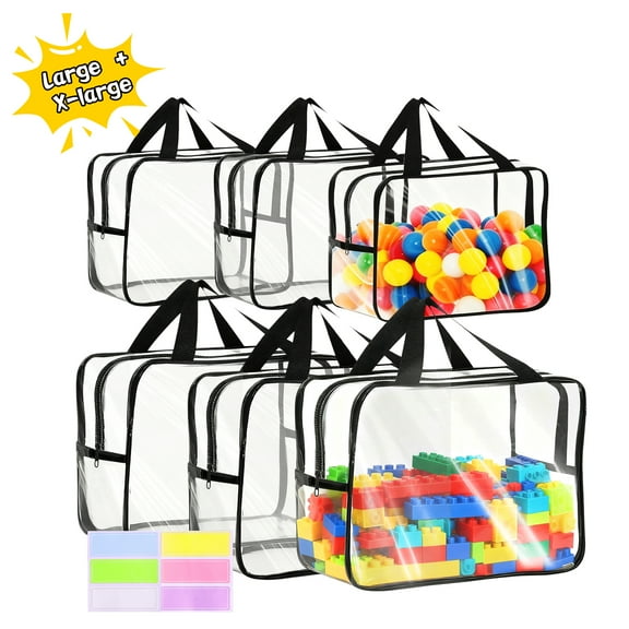 Lumikrypt 6 Pack Clear Toy Storage Bags, Large Toy Organizer with Zipper, Waterproof Reusable Toy Bags with Labels, Dust-Proof Toy Organizer Pouch for Building Blocks, Puzzles, Small Toys
