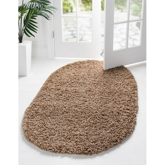 Rugs.com Solid Shag Collection Rug – 5' x 8' Oval Sandy Brown Shag Rug Perfect For Living Rooms, Large Dining Rooms, Open Floorplans