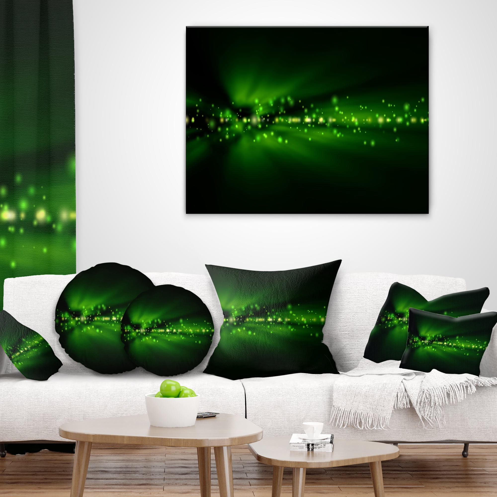 Designart Blurred Bright Green Lights - Landscape Photo Throw Pillow - 18x18