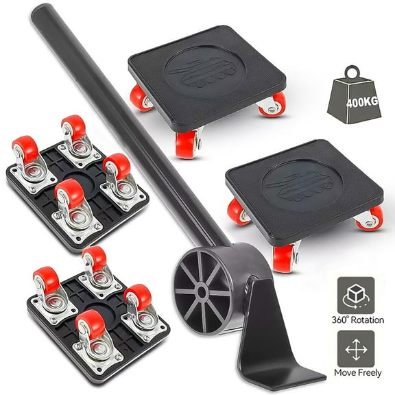 FETERVIC Heavy Duty Furniture Lifter Movers Dolly Wheel Roller Bar Hand Tools Set with 360°Rotation 4 Wheels Small Flat Dolly, 880 Lbs Capacity, Black