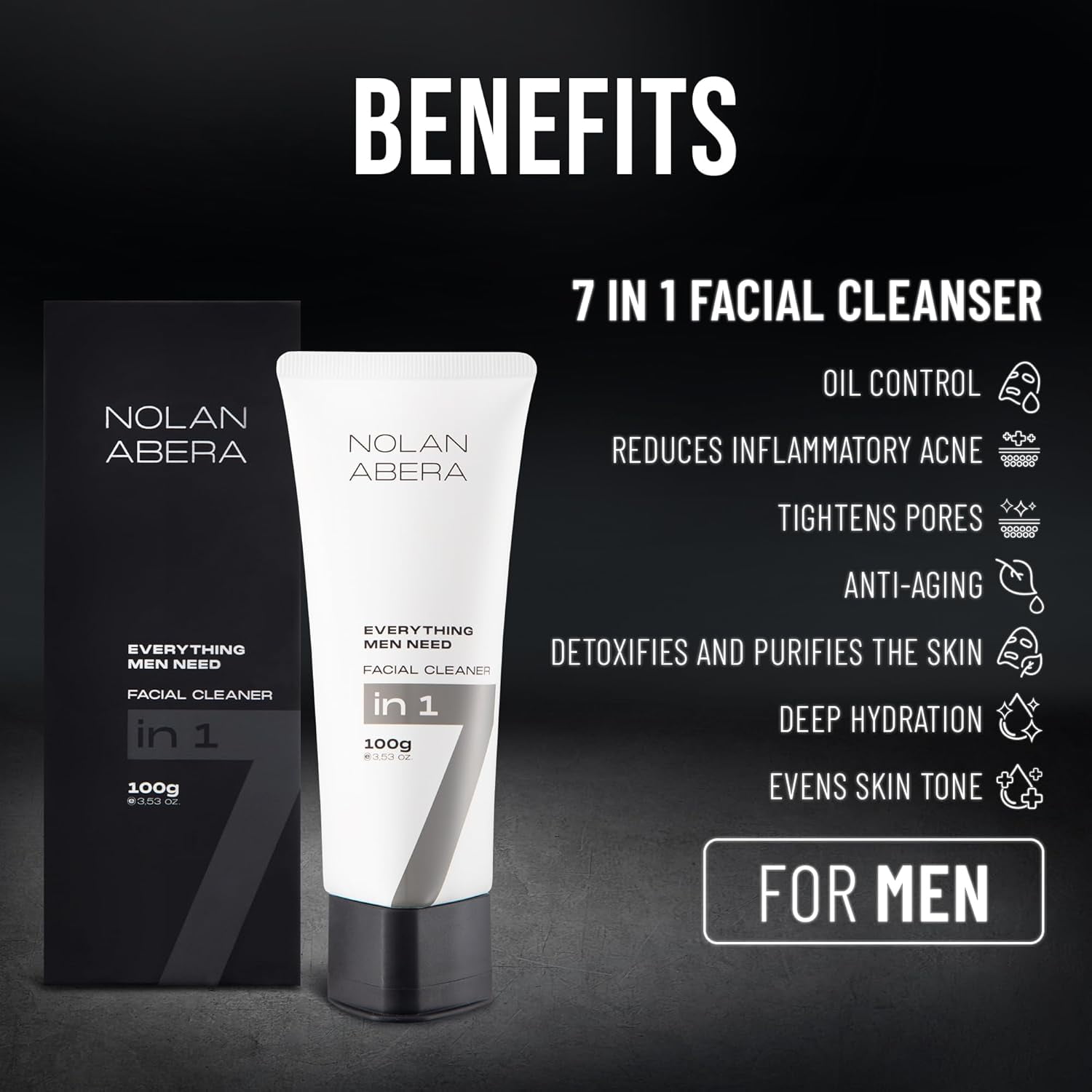 ABERA Nolan Daily Facial Cleanser for Men – Face Wash for Oily & Acne-Prone Skin, Pore Cleansing & Hydration, 3.53oz