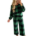 thumbnail image 5 of Two Piece Plaid Set for Women Long Sleeve Crew Neck Tops Wide Leg Pants Fall Winter Thicken Warm Soft Lounge Home Wear (XL, Army Green), 5 of 7