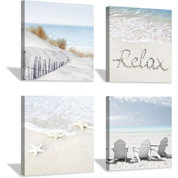 Coastal Artwork Beach Wall Art: Starfish & Chairs on Sand Painting with Word Picture on Canvas for Living Room (16” x 16'''' x 4 Panels)