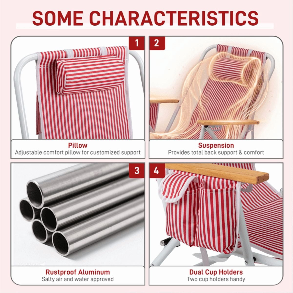 Alvantor 4-Position Backpack Beach Chair with Aluminum Frame, Wooden Armrests, Pillow and Pockets, Red Stripe