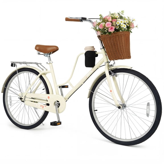 Gymax Beach Cruiser Bike 26-Inch Commuter Bike w/ Adjustable Seat Woven Basket Beige