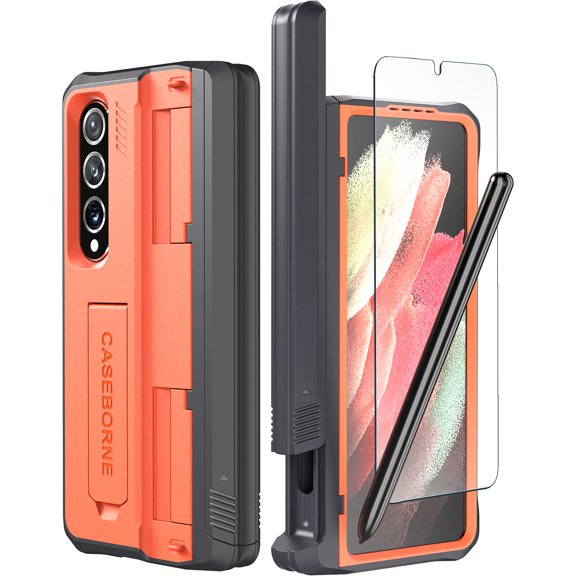 CaseBorne V Compatible with Samsung Galaxy Z Fold 4 Case - Full Body Protective Case with Semi-Auto Hinge Cover, [Tempered Glass Screen Protector], Kickstand and S Pen Holder - Orange