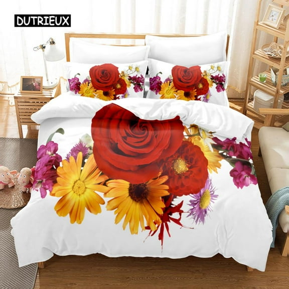 Red Rose Rose Bedding Set Valentine's Day Present Flowers Lovers White Duvet Cover For Women Bedroom