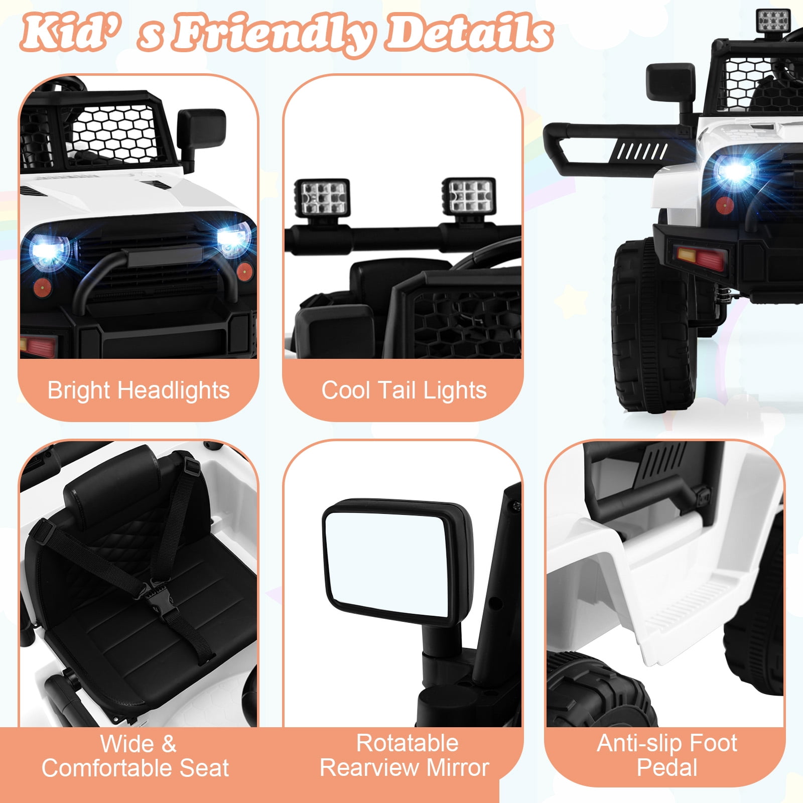 Topbuy 12V Kids Ride On Car Electric Vehicle Jeep with Parental Remote Music Horn Headlights Slow Start Function White