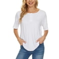 thumbnail image 2 of safuny Women's Trendy Loose Comfy Tops Solid Tops Short Sleeve Tees Round Neck Shirts Lace Patchwork Vintage Clothing Fashion Summer White S, 2 of 7