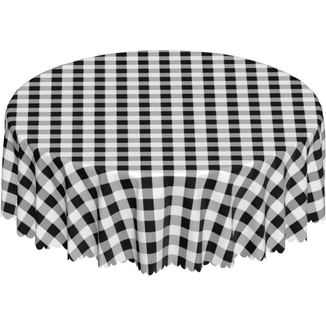 Round Tablecloth with Wave Lace 60 Inch, White Black Buffalo Check Plaid Round Tablecloth Stain and Wrinkle Resistant Table Covers Dining Table Cover for Dining, Party, Buffet, Wedding