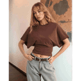 thumbnail image 4 of T-shirts pour Femmes à Col Rond, Taille Resserrée, T-Shirt Décontracté à Manches Courtes, Hauts d'Entraînement, Couleur Unie, T-Shirts Basiques, Brun, M, 4 of 5
