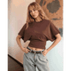 thumbnail image 4 of Camisetas para Mujer, Cuello Redondo, Cintura Ajustada, Informal, Corta, para Entrenamiento, Color Liso, Básicas, Marrón, Talla M, 4 of 5