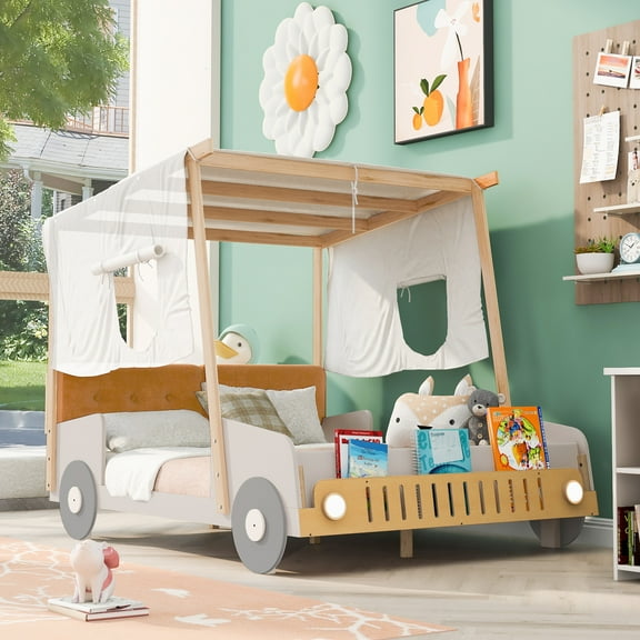 Euroco Wood Full Size Canopy Bed, Car Bed with Pillow and Ceiling Cloth Design, Platform Bed with LED Light for Kids Teens, Natural