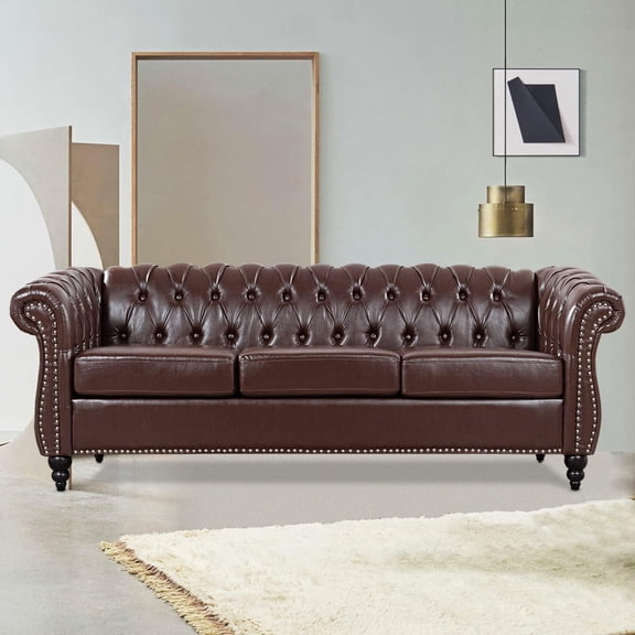 Chesterfield Sofas for Living Room, Black Rolled Arm 3-Seater Leather 84" Large Couch Deep Button Nailhead Tufted Upholstered Couches for Bedroom, Office Apartment Easy to Assemble