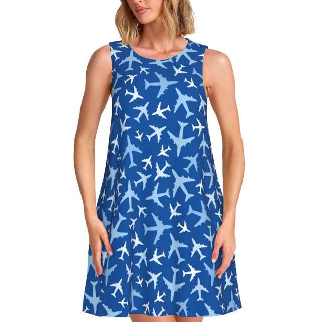 Fotbe Airplanes in the Sky Vestido de Verano sin Mangas para Mujer – Vestido Midi Línea A, Estilo Camiseta Floral, Vestido Playero Casual y Fluido