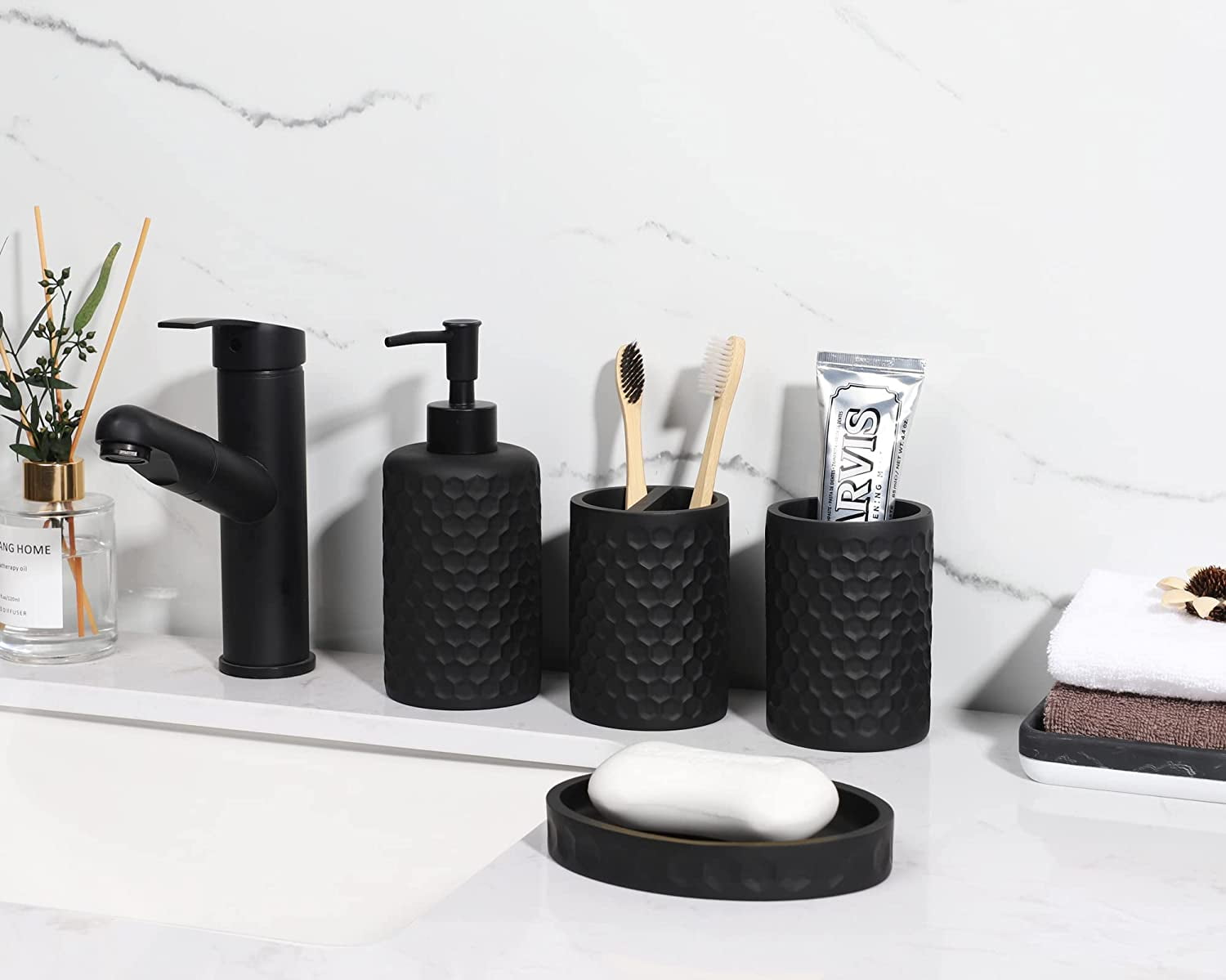 6 Piece Bathroom Accessories Set, Toothbrush Holder, Toothbrush Cup, Soap Dispenser,Bathroom Vanity Tray, Qtip Holder, Trash Can - Cement